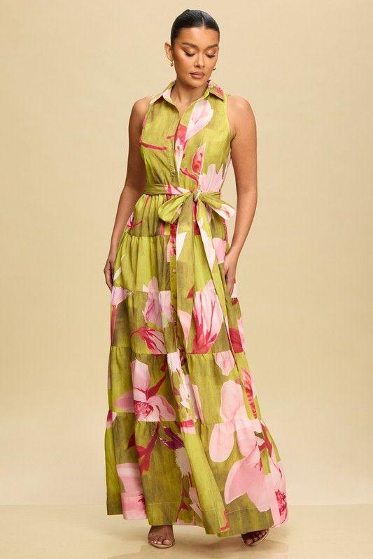 Vestido Largo Floral Verde Luxxel