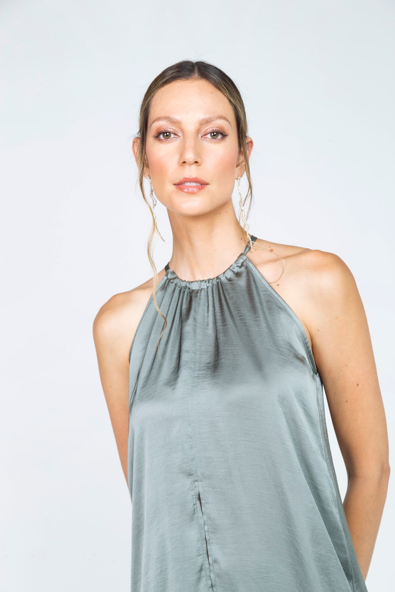 LONG STRAPPY BLOUSE IN MILITARY GREEN SATIN