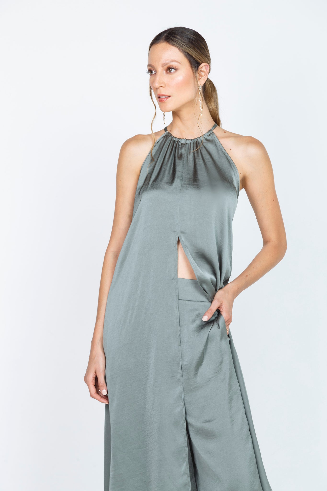 LONG STRAPPY BLOUSE IN MILITARY GREEN SATIN