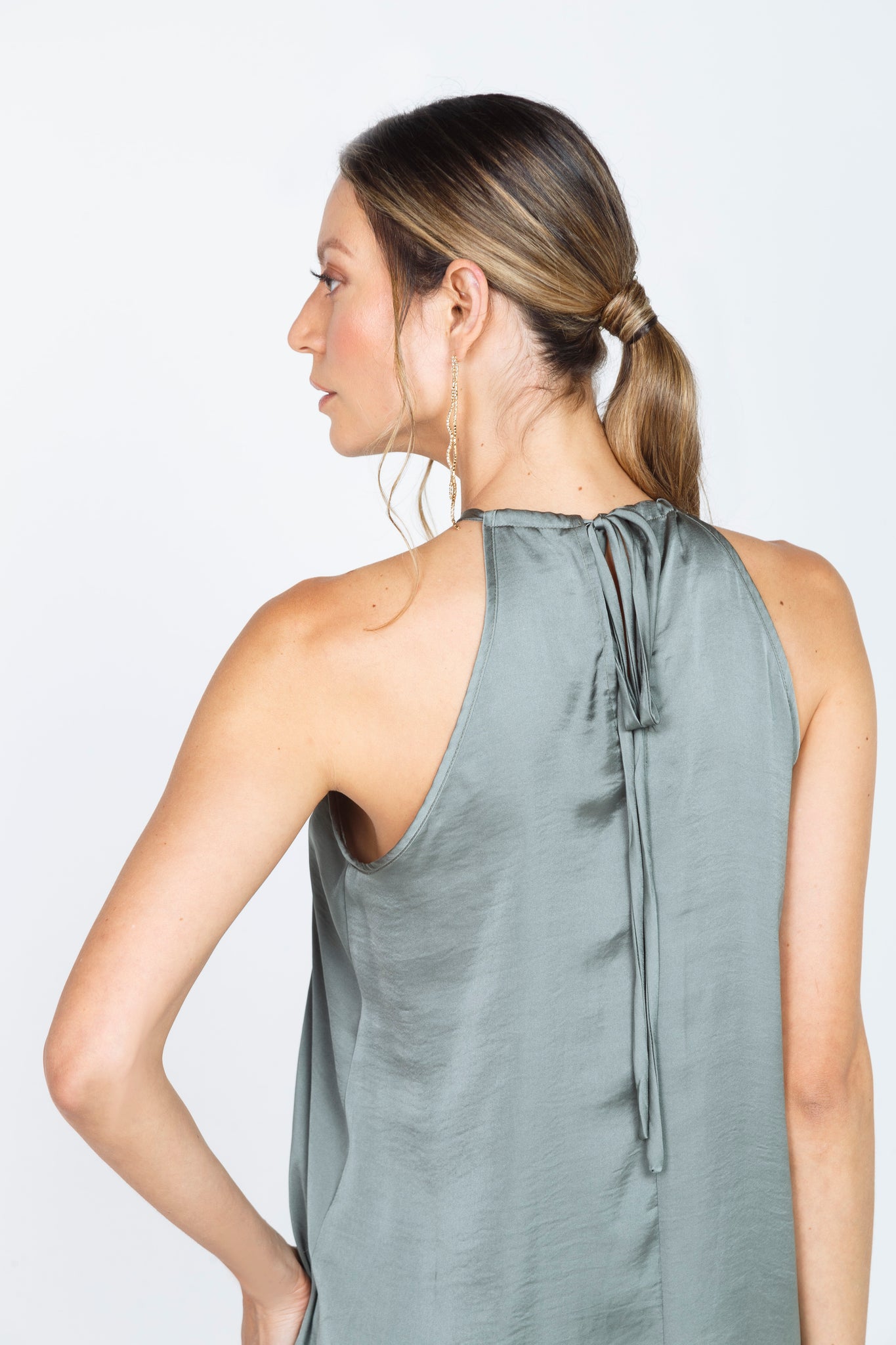 LONG STRAPPY BLOUSE IN MILITARY GREEN SATIN