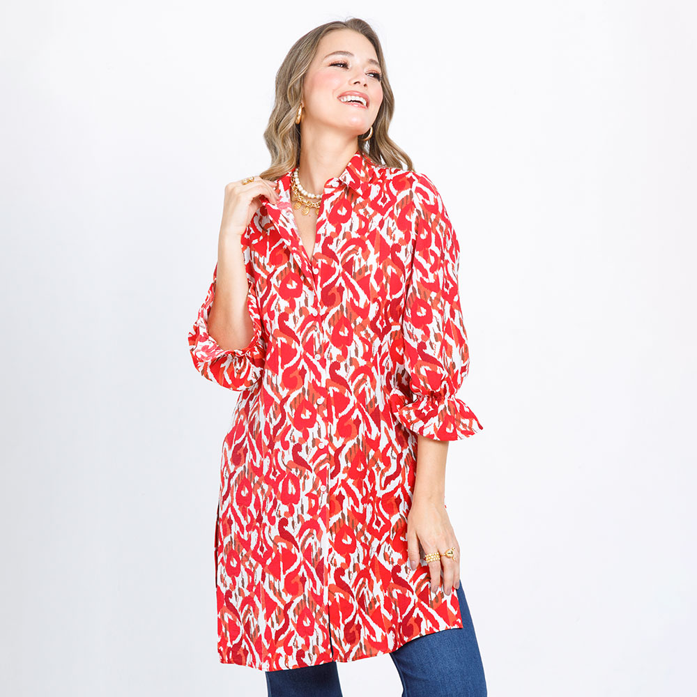 KAFTAN ESTAMPADO PUÑOS CON HILO RESORTE ROJO