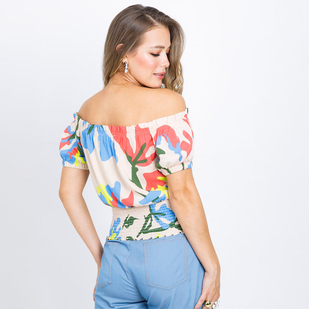 BLUSA ESTAMPADA ESCOTE BANDEJA BEIGE