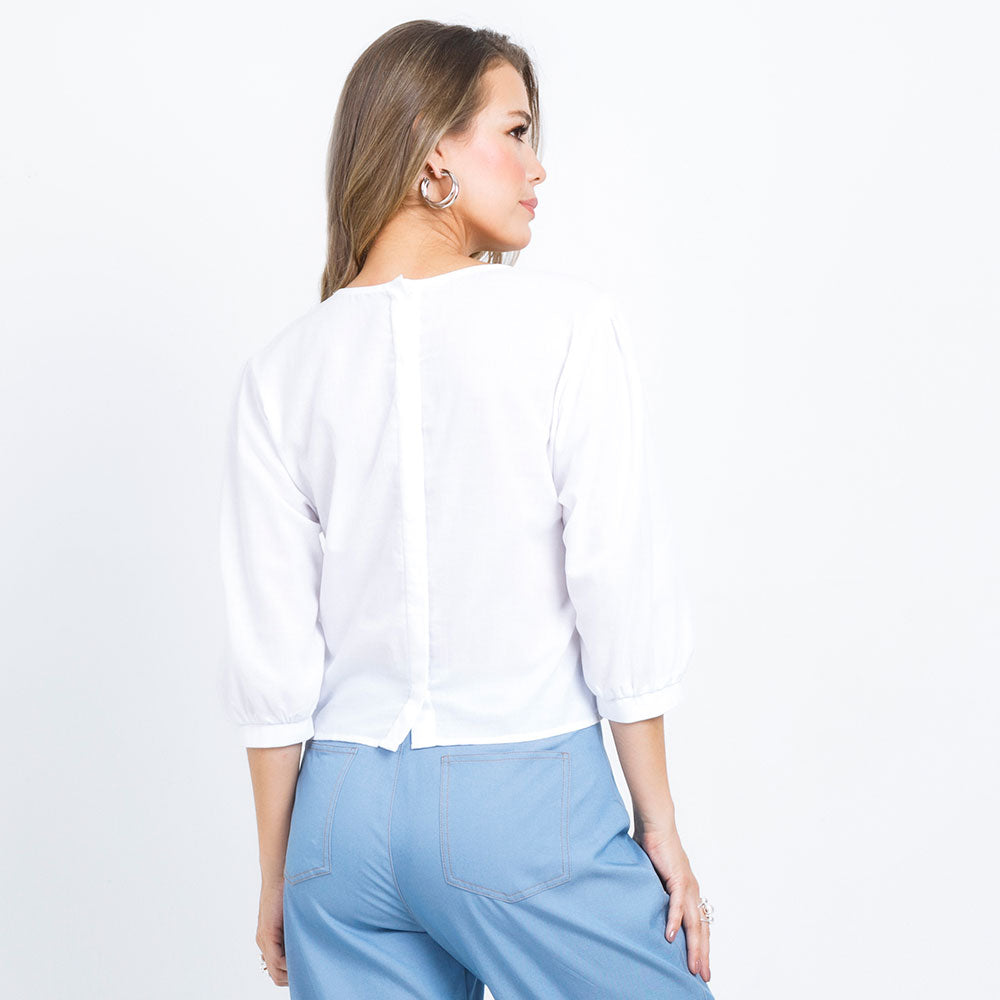 BLUSA BLANCA MANGA 3/4 EN MEZCLA DE TELAS