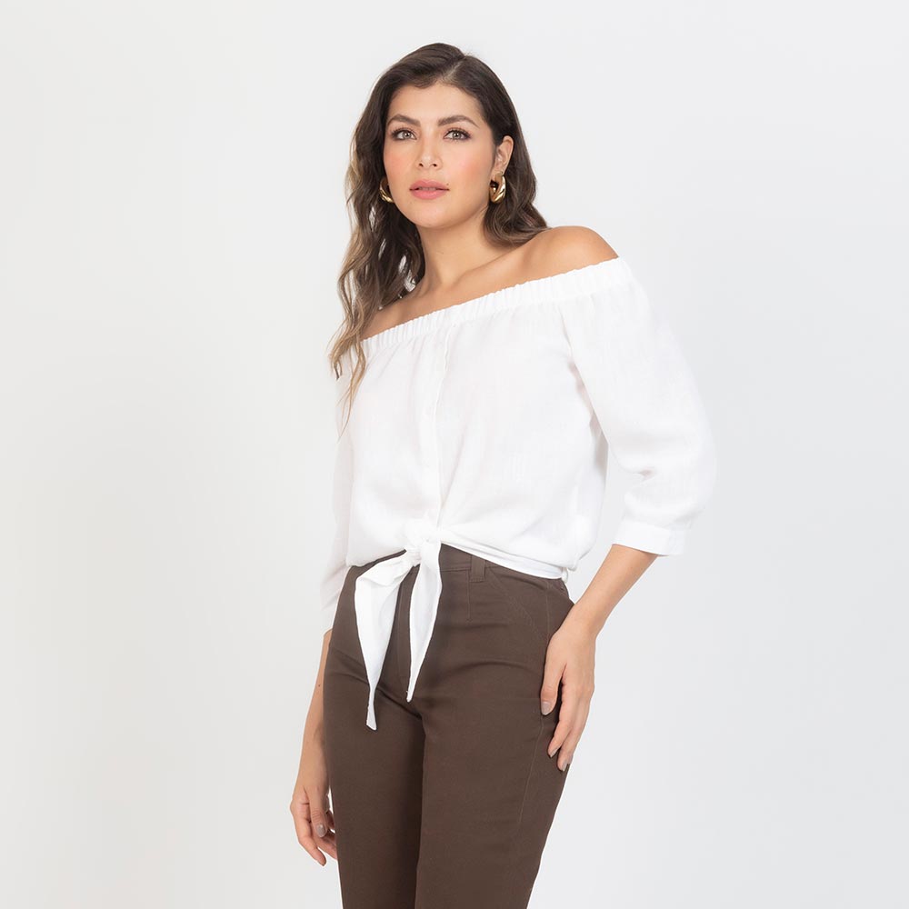 BLUSA ESCOTE BANDEJA CON TIRA PARA ANUDAR IVORY