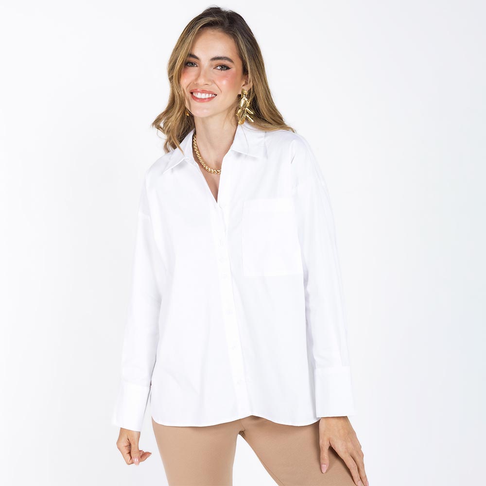 CAMISA BLANCA CON HOMBRO RODADO Y PUÑOS ANCHOS