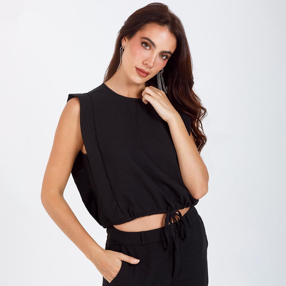 BLUSA NEGRA PARA MUJER MANGA SISA EN TELA CON EFECTO Y TIRA PARA ANUDAR