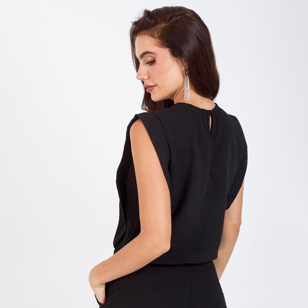 BLUSA NEGRA PARA MUJER MANGA SISA EN TELA CON EFECTO Y TIRA PARA ANUDAR