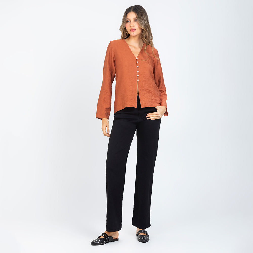 BLUSA MANGA LARGA  ESCOTE V TERRACOTA