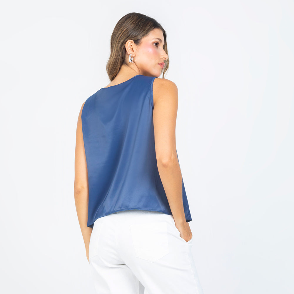 BLUSA SATINADA MANGA SISA CON BORLAS AZUL INDIGO