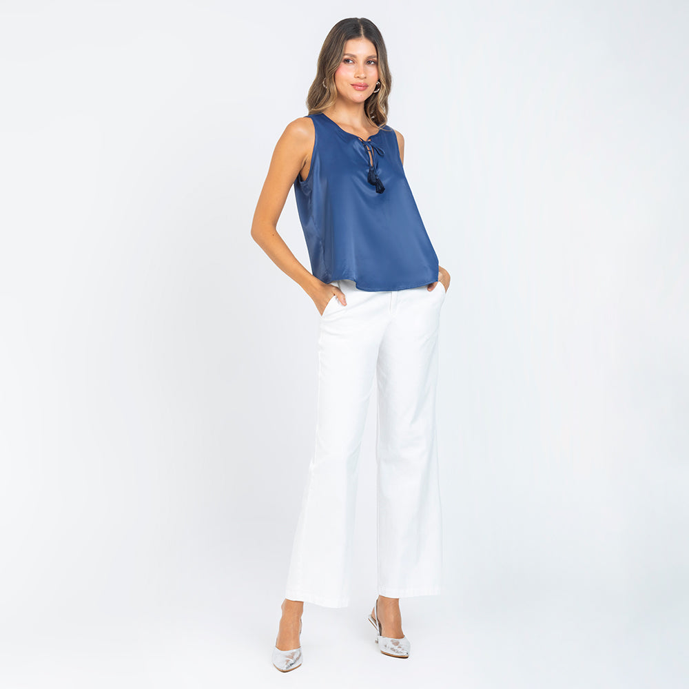 BLUSA SATINADA MANGA SISA CON BORLAS AZUL INDIGO