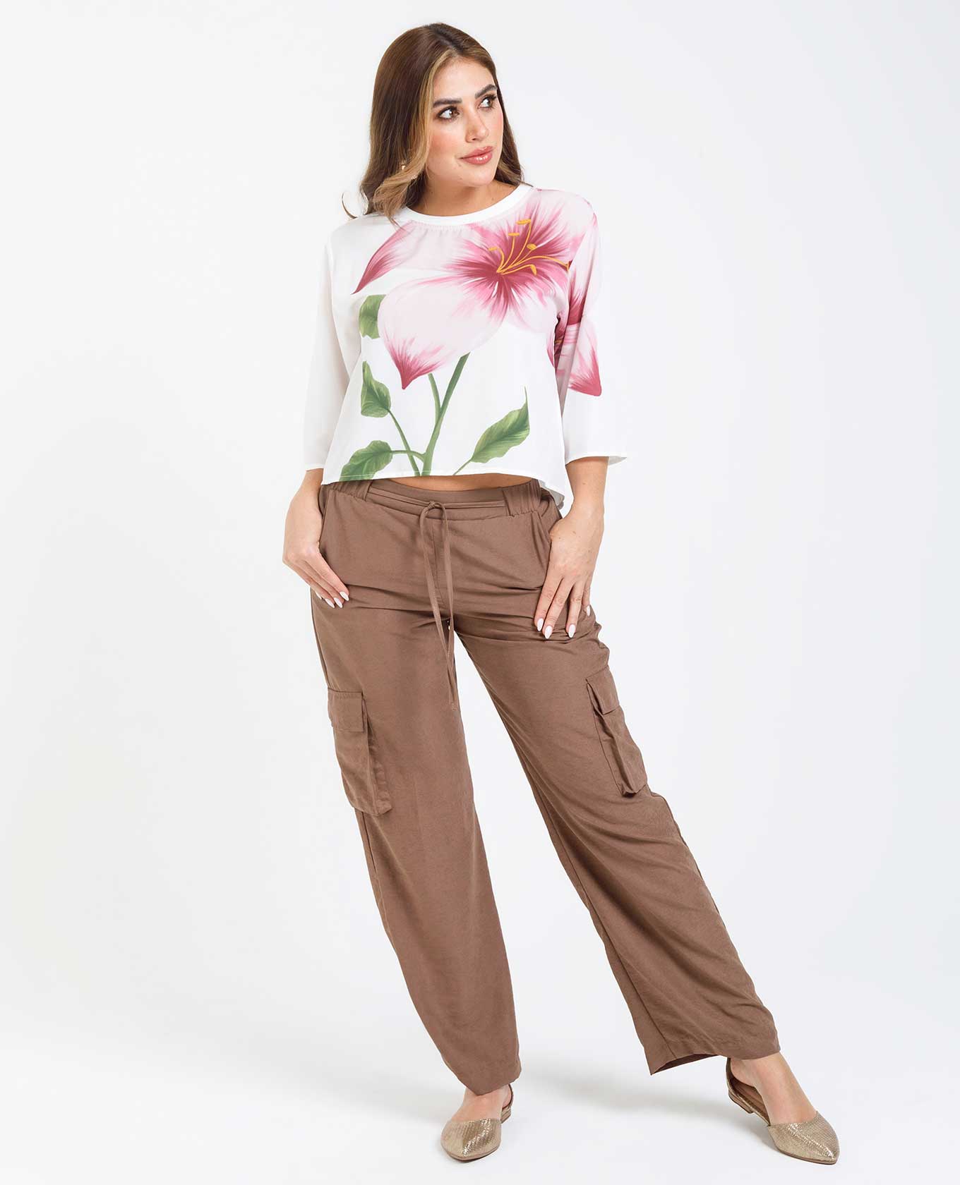 Women's Wide Leg Trousers with Elastic Back Waistband in Melange Fabric