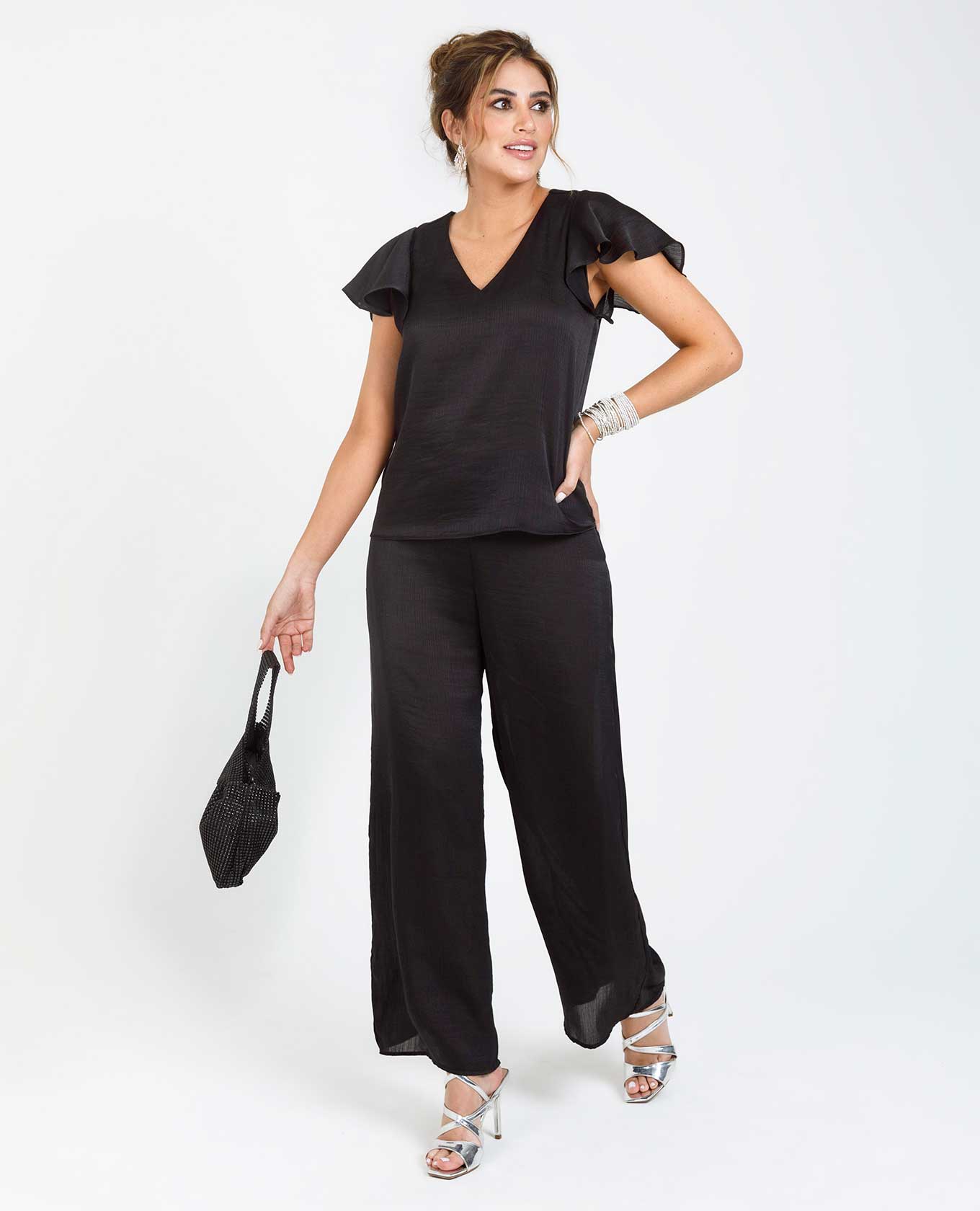 WOMEN'S PALAZZO TROUSERS WITH CONTRAST STITCHING, LINEN EFFECT