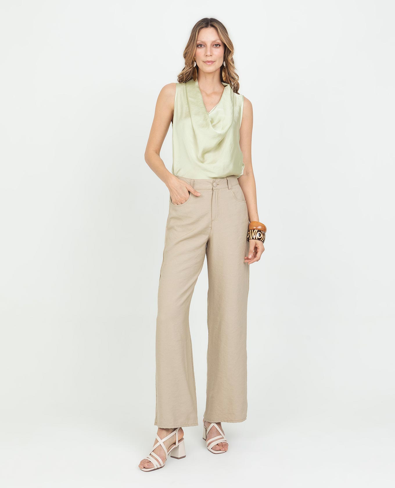 Women's Wide Leg Trousers with Elastic Waistband and Covered Button