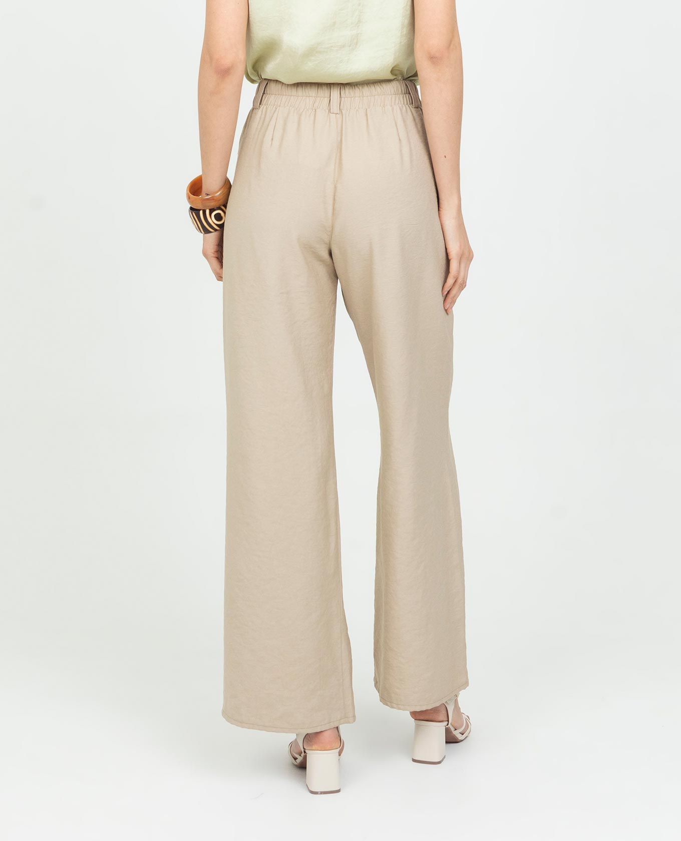 Women's Wide Leg Trousers with Elastic Waistband and Covered Button