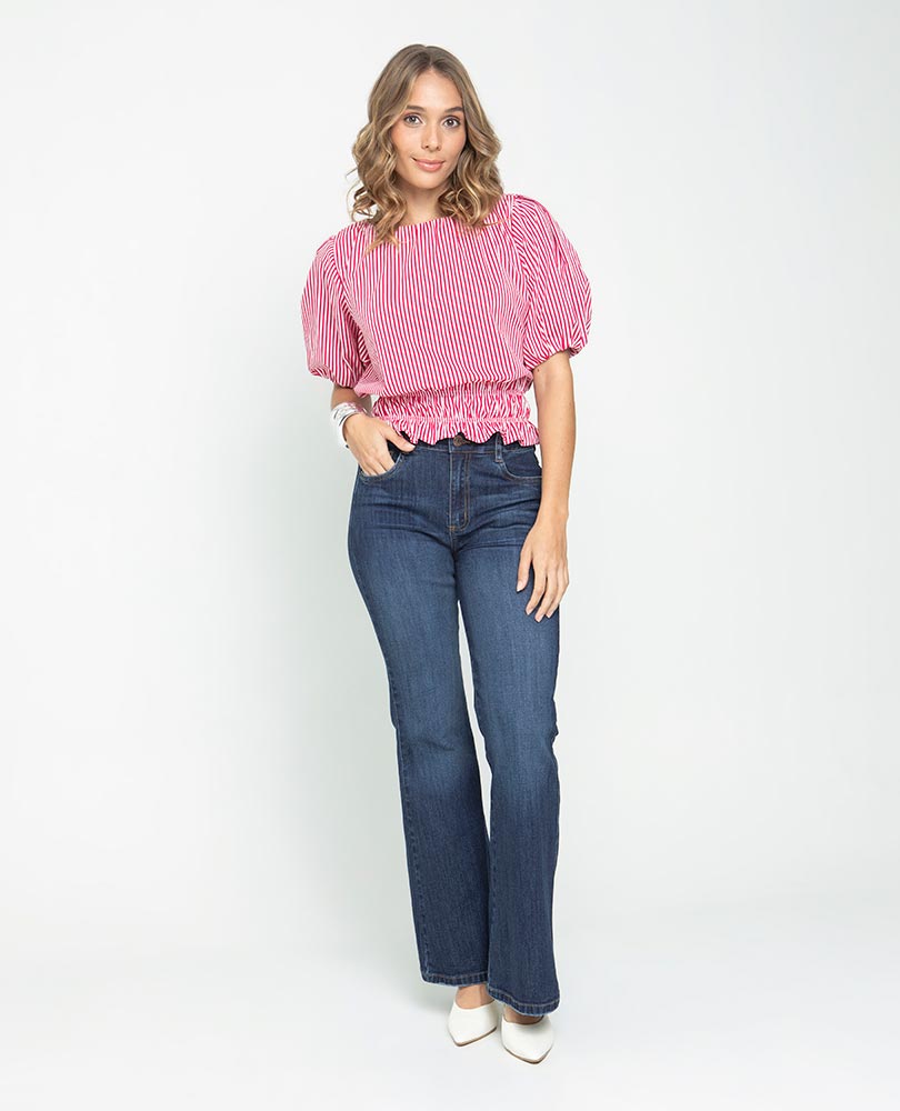 Women's striped blouse with voluminous sleeves and elastic waistband