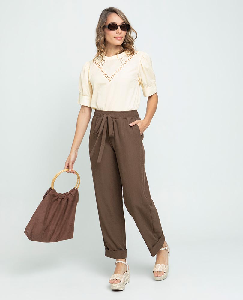 WOMEN'S TROUSERS WITH ELASTIC WAISTBAND AND TIE STRAP WITH DUST COVERALL