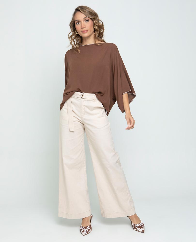 WOMEN'S PALAZZO TROUSERS WITH BELT, LINEN-EFFECT FABRIC