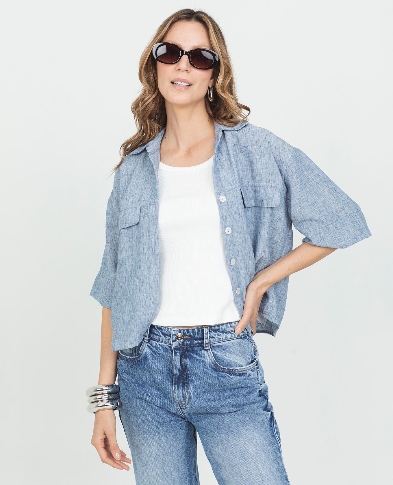 WOMEN'S ELBOW-LENGTH SLEEVE SHIRT WITH MELANGE-EFFECT FABRIC OVERLAYS