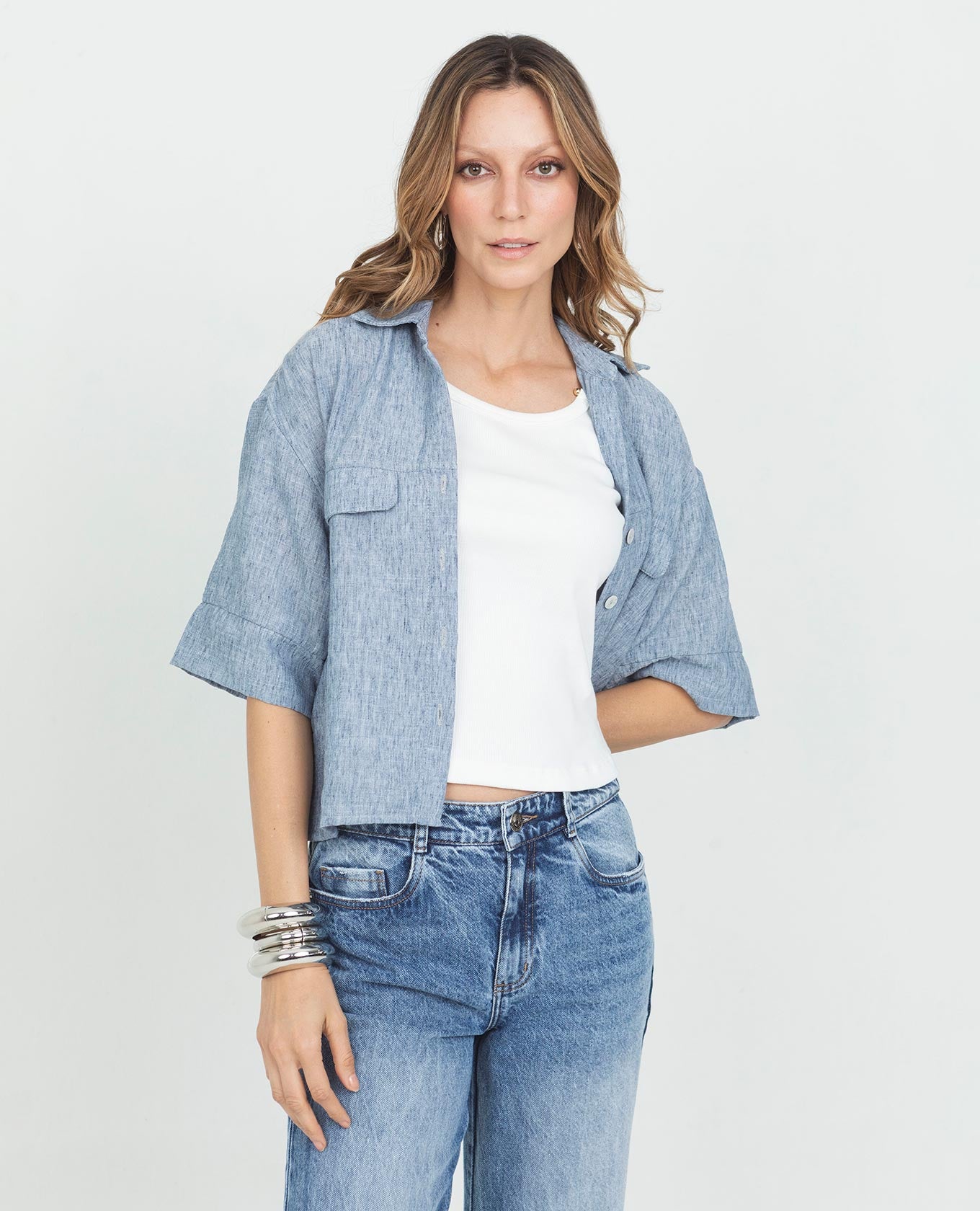 WOMEN'S ELBOW-LENGTH SLEEVE SHIRT WITH MELANGE-EFFECT FABRIC OVERLAYS