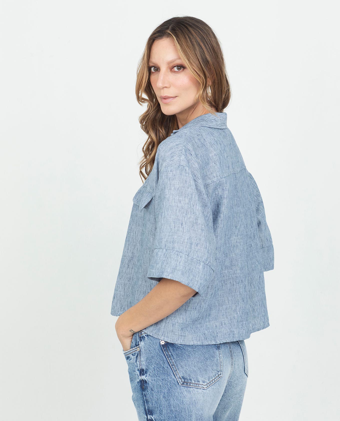 WOMEN'S ELBOW-LENGTH SLEEVE SHIRT WITH MELANGE-EFFECT FABRIC OVERLAYS