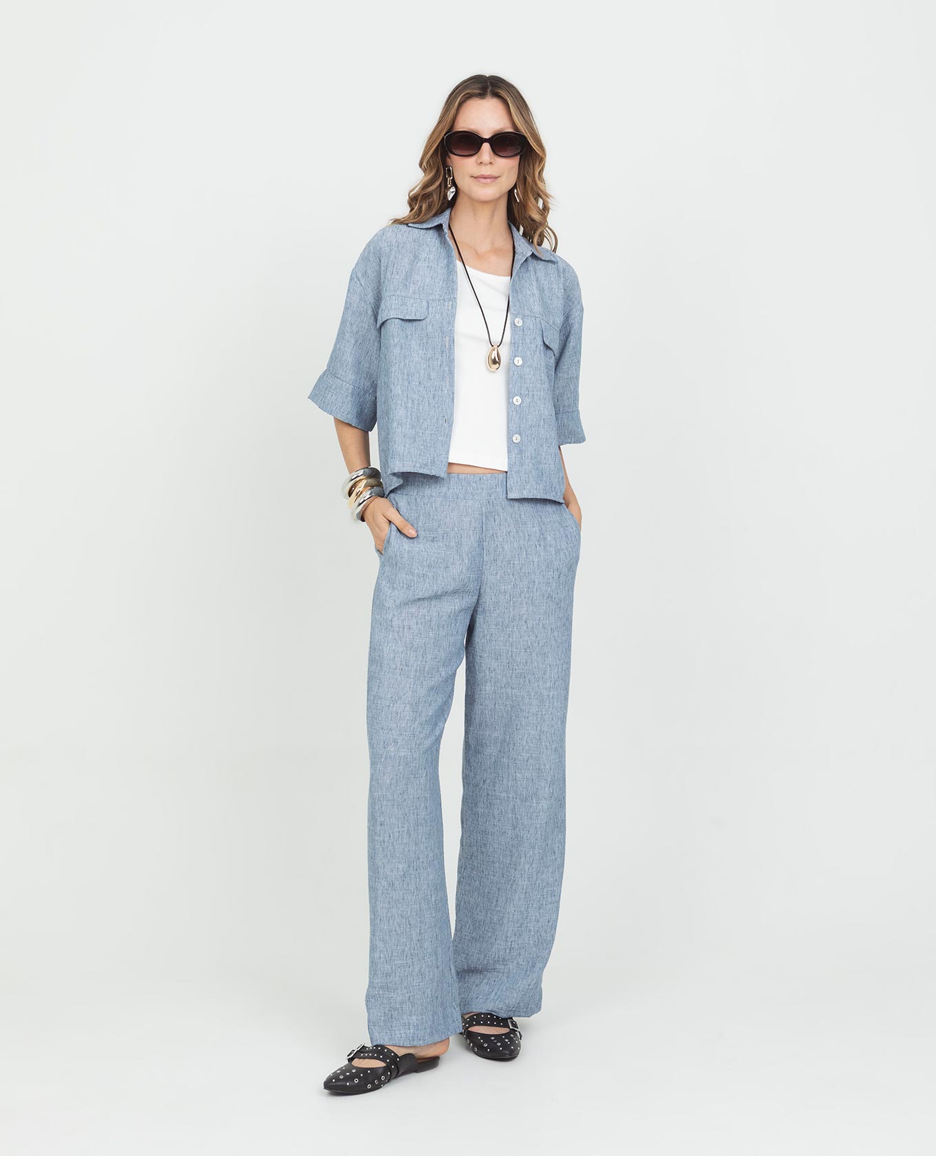 WOMEN'S ELBOW-LENGTH SLEEVE SHIRT WITH MELANGE-EFFECT FABRIC OVERLAYS