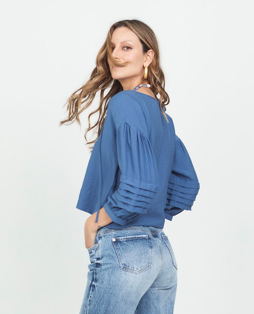 Women's Short Blouse with Pleated Sleeves, Slit Neckline and Straps