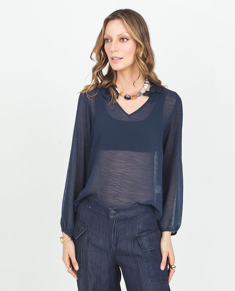 SHEER BLOUSE FOR WOMEN, LONG SLEEVES, VOLUME, V-NECK WITH BOLERO