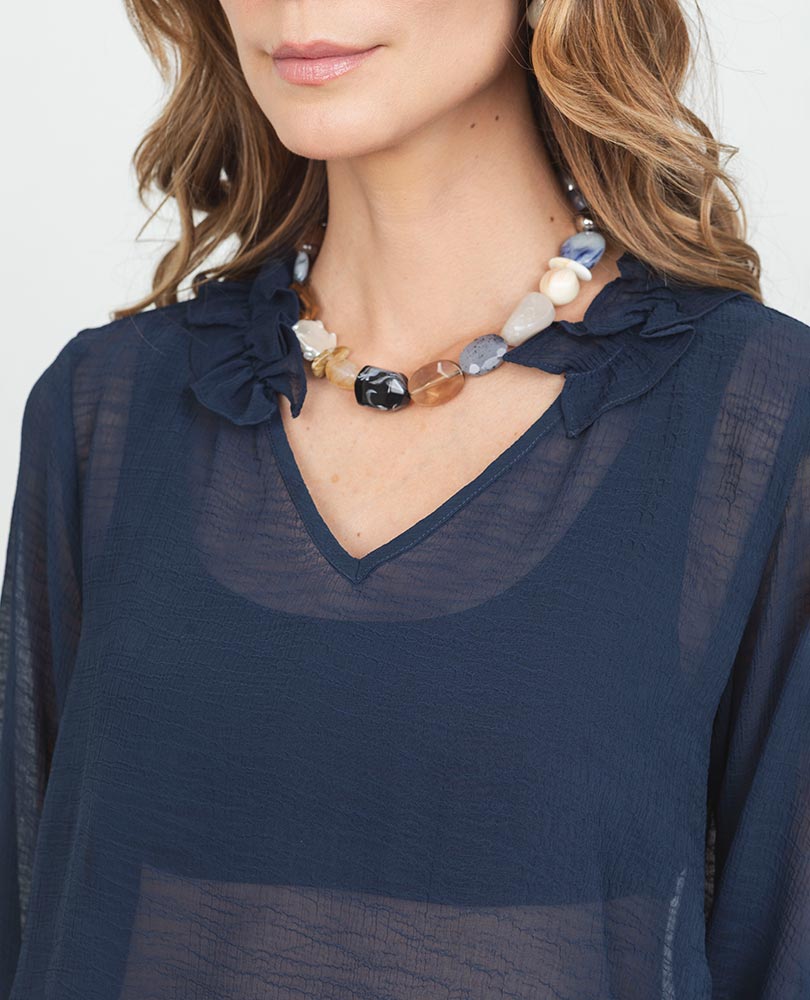 SHEER BLOUSE FOR WOMEN, LONG SLEEVES, VOLUME, V-NECK WITH BOLERO