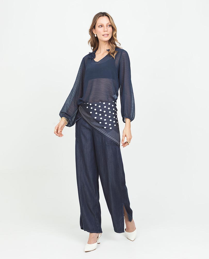 SHEER BLOUSE FOR WOMEN, LONG SLEEVES, VOLUME, V-NECK WITH BOLERO