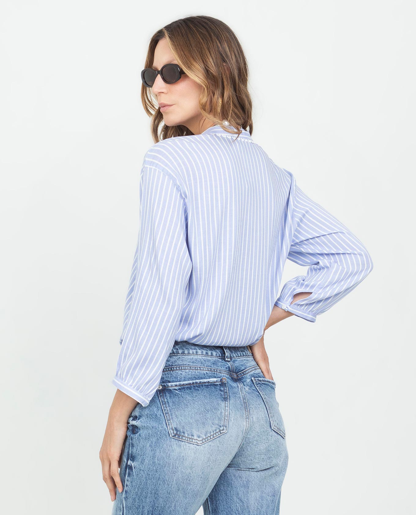 Women's 3/4 Sleeve Striped Shirt with Nehru Collar and Applique