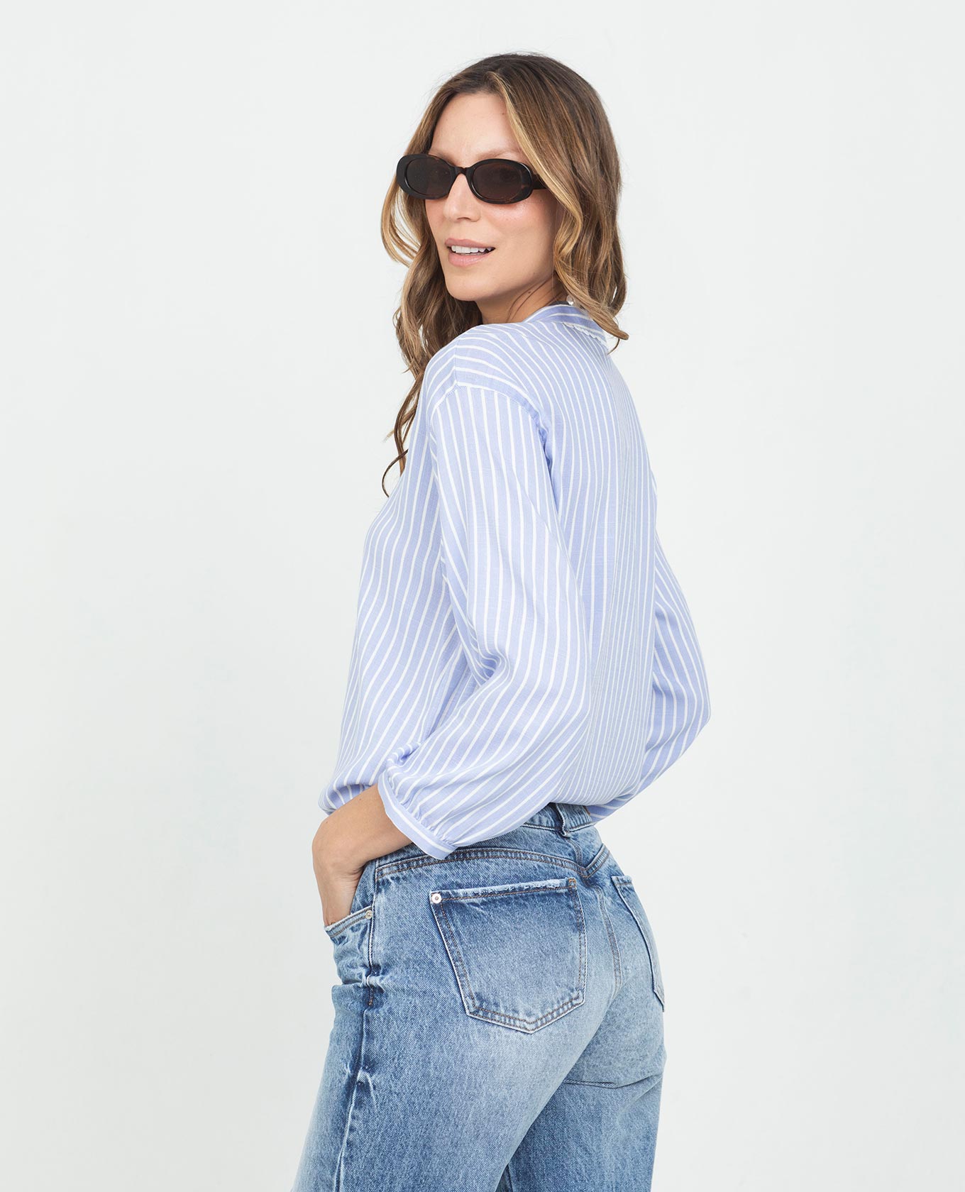 Women's 3/4 Sleeve Striped Shirt with Nehru Collar and Applique