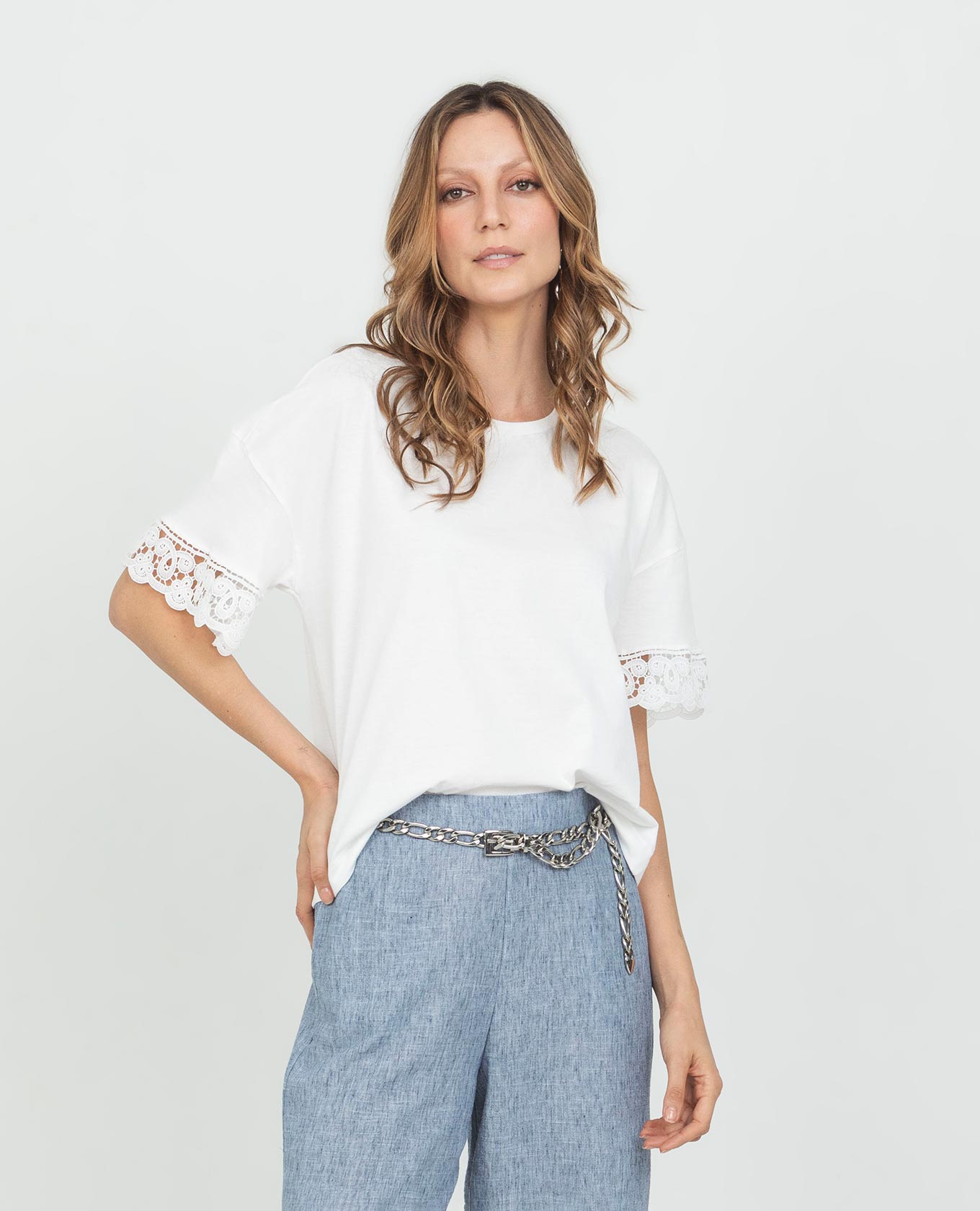 Women's Short Sleeve Cotton T-Shirt with Appliqué Sleeves