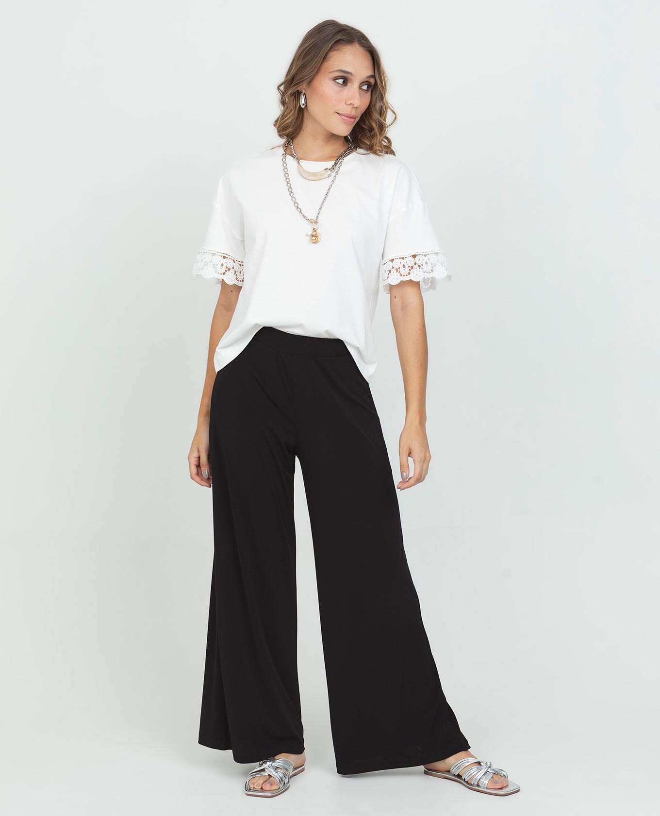 Women's Wide Leg Knit Trousers with Elastic Waistband