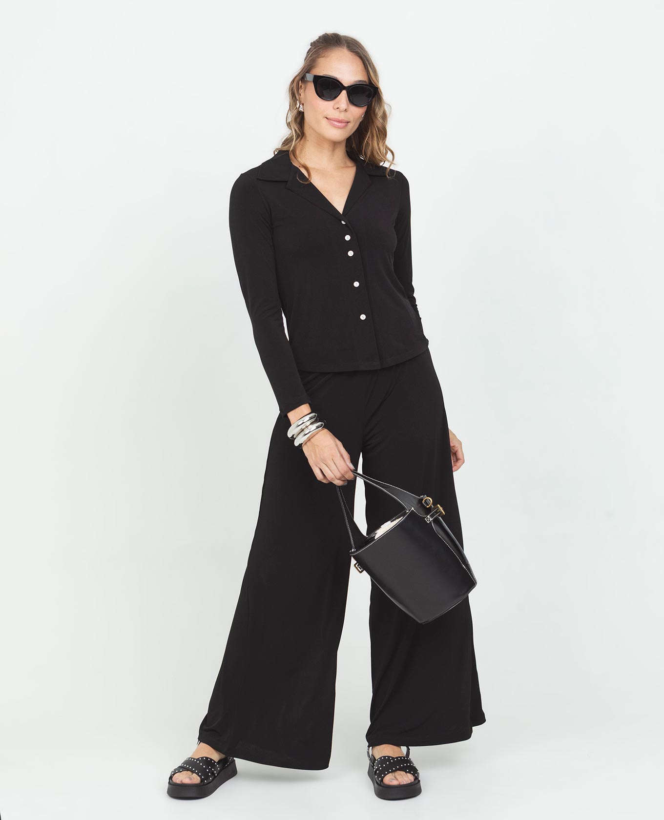 Women's Wide Leg Knit Trousers with Elastic Waistband