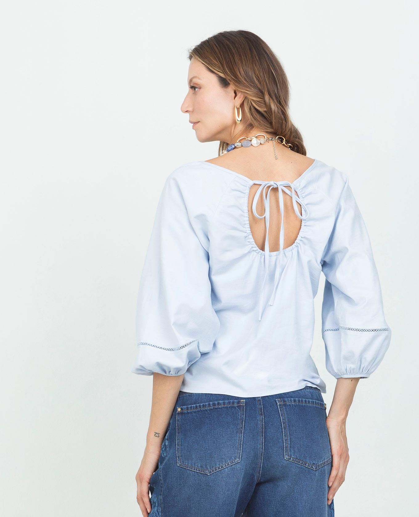 Women's 3/4 Sleeve Blouse with Raglan Sleeves, Hand-Stitched Detail, and Gathered Neckline