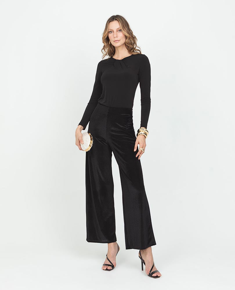 Women's black velvet celebration trousers with elastic waistband