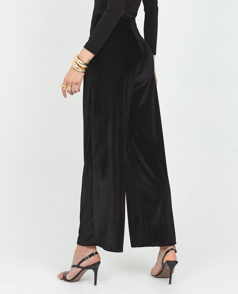 Women's black velvet celebration trousers with elastic waistband