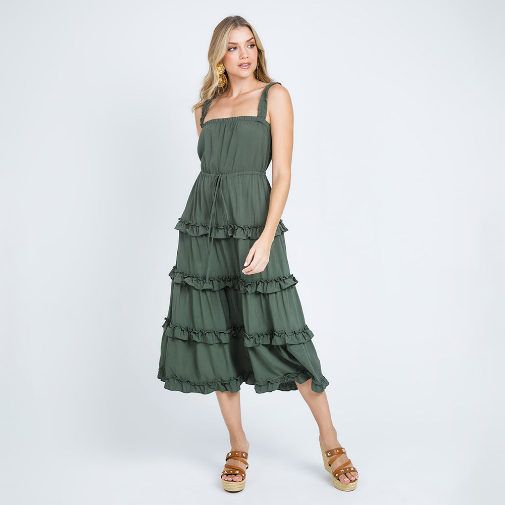 VESTIDO MIDI CON BOLEROS - VERDE MILITAR