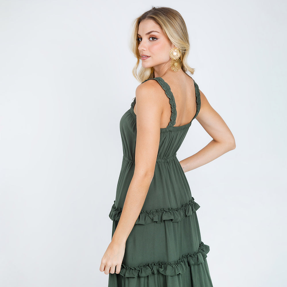 VESTIDO MIDI CON BOLEROS - VERDE MILITAR