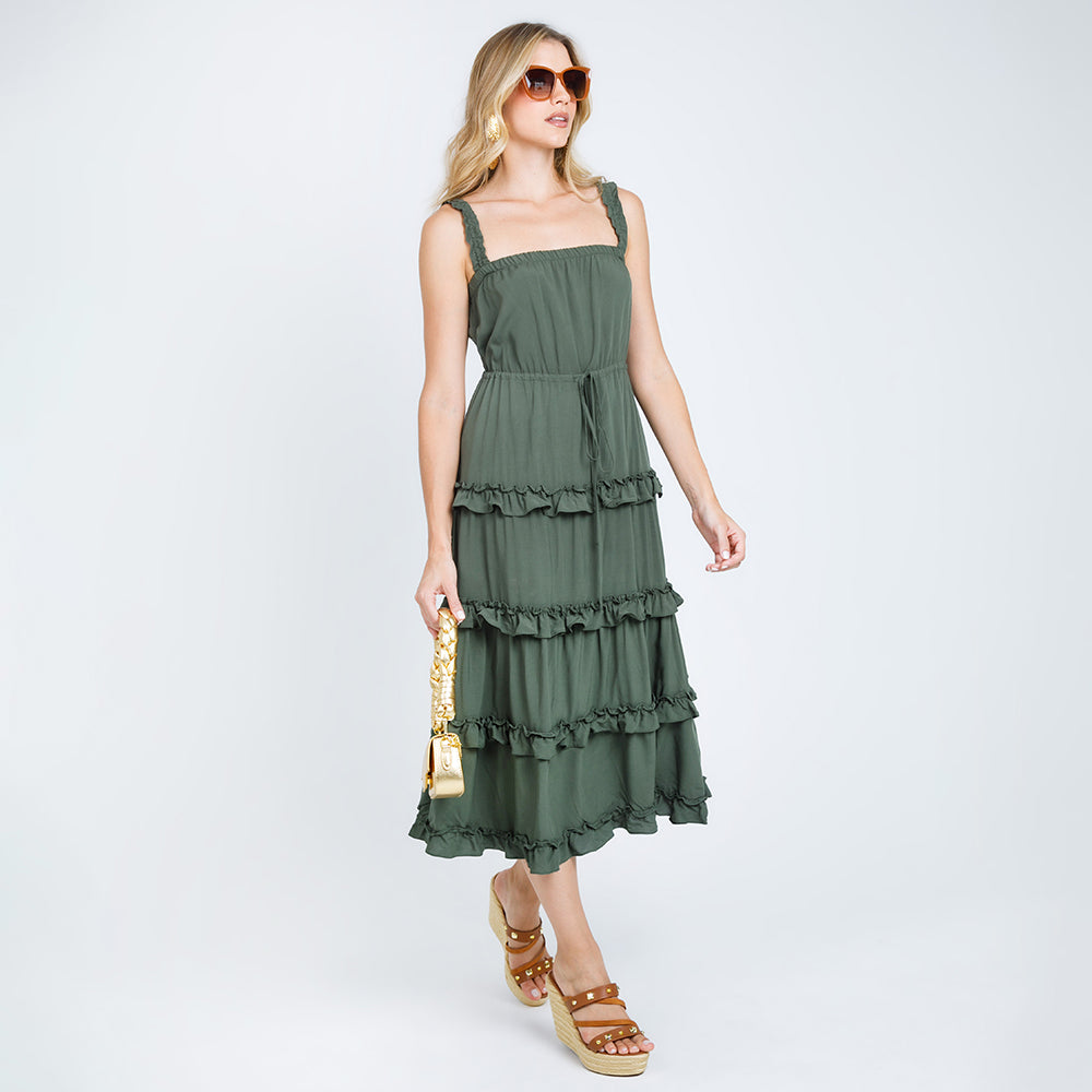 VESTIDO MIDI CON BOLEROS - VERDE MILITAR