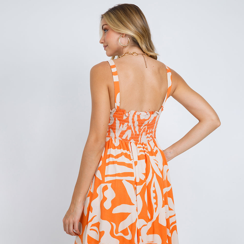 VESTIDO LARGO ESTAMPADO ESCOTE CORAZON - NARANJA