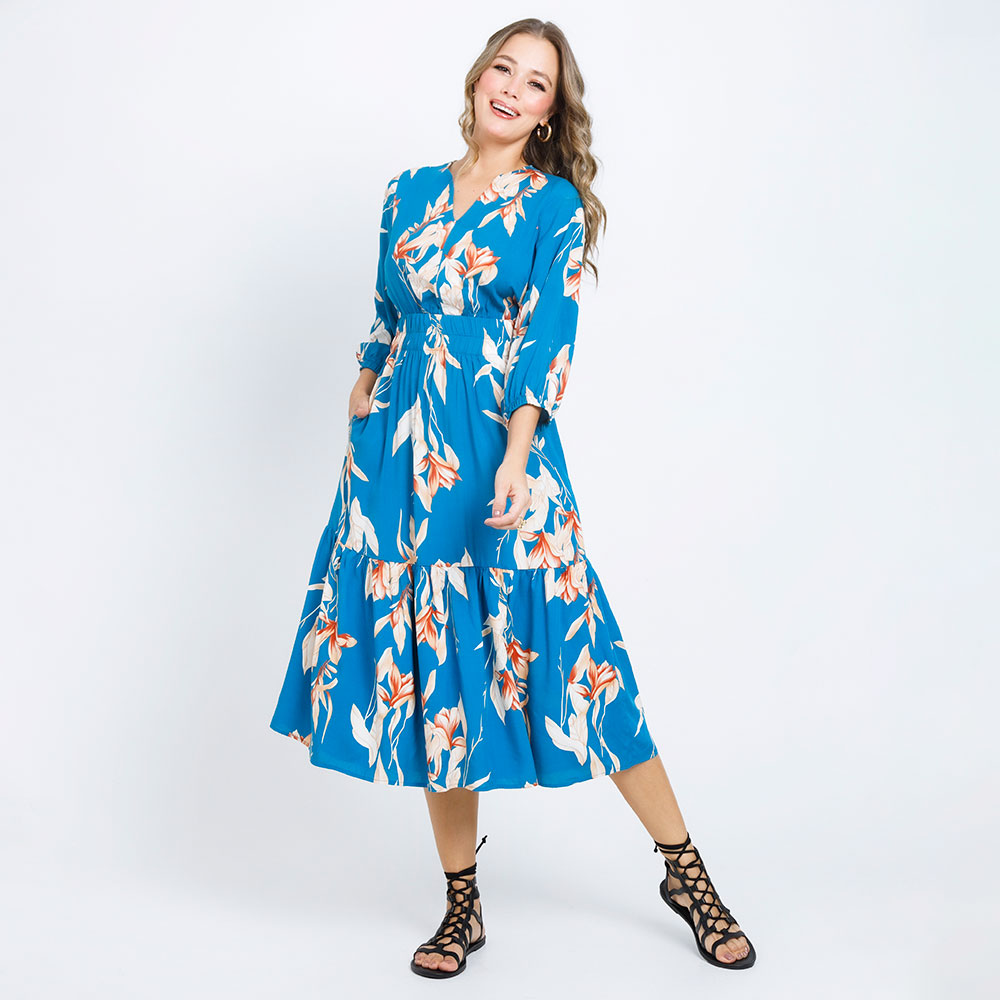 VESTIDO MIDI  ESTAMPADO CON ELÁSTICO EN CINTURA AZUL AQUA