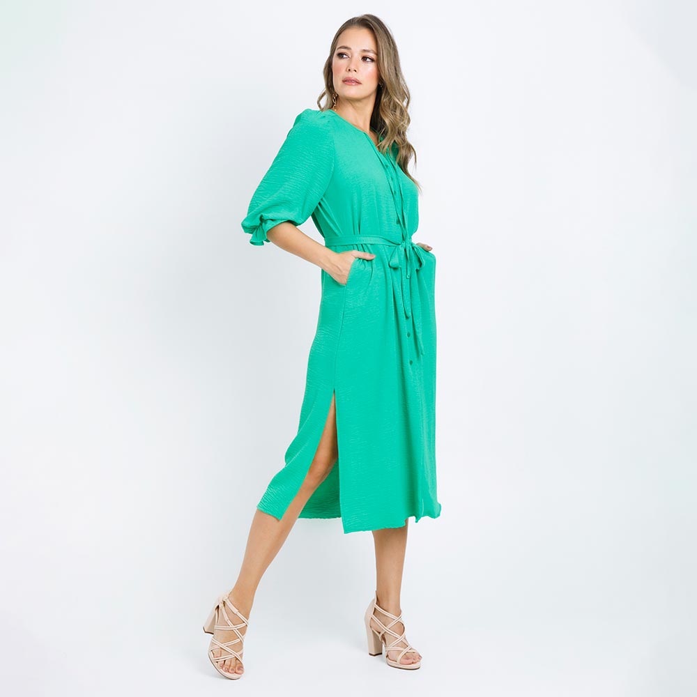 VESTIDO CAMISERO CON CHARRETERA LARGO 99CM VERDE