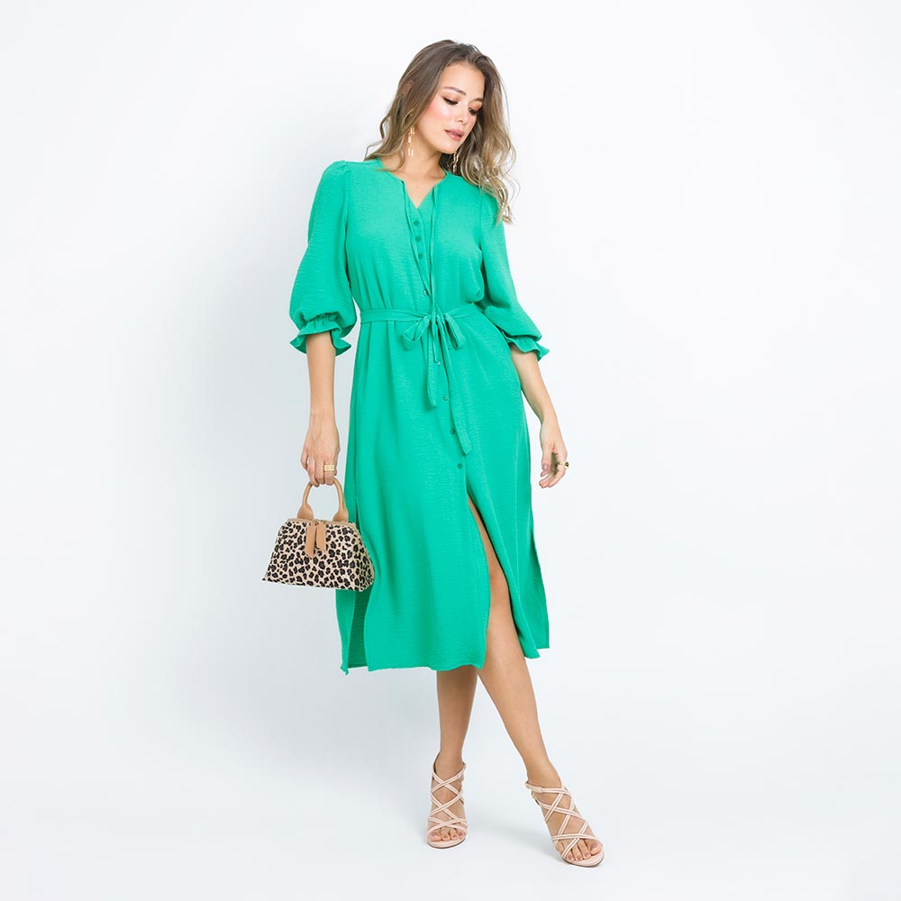 VESTIDO CAMISERO CON CHARRETERA LARGO 99CM VERDE