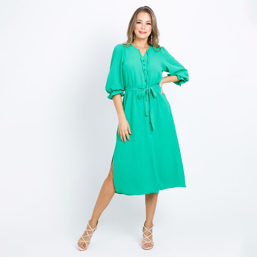 VESTIDO CAMISERO CON CHARRETERA LARGO 99CM VERDE