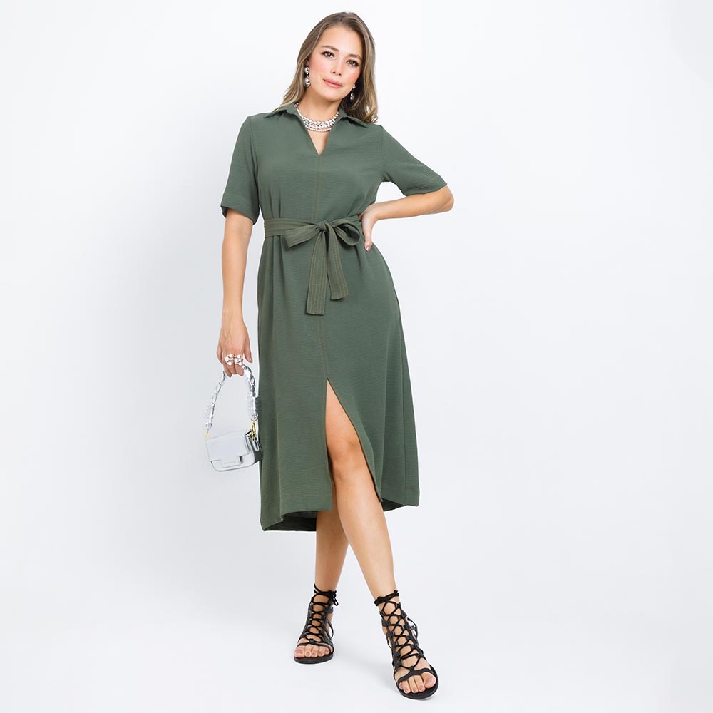 VESTIDO MIDI CON COSTURAS EN CONTRASTE VERDE MILITAR