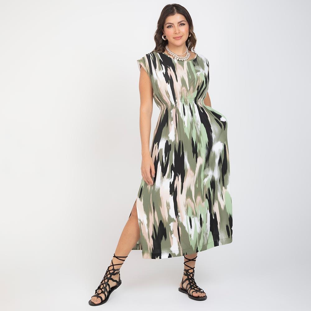 VESTIDO ESTAMPADO MIDI CON CINTURA AJUSTADA VERDE MILITAR