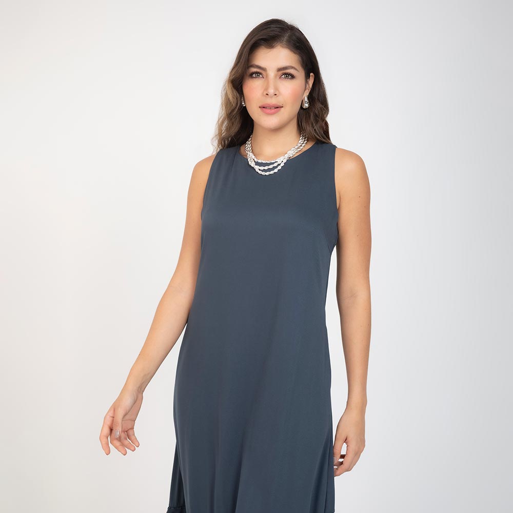 VESTIDO MIDI MANGA SISA CON BOLSILLOS AZUL PETROLEO