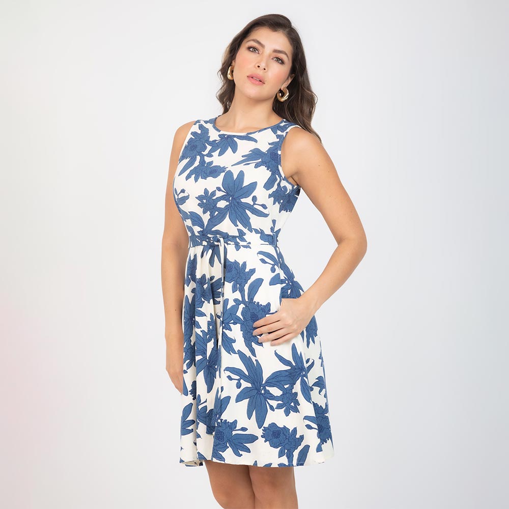 VESTIDO ESTAMPADO EN LINO CON FALDA ROTONDA AZUL