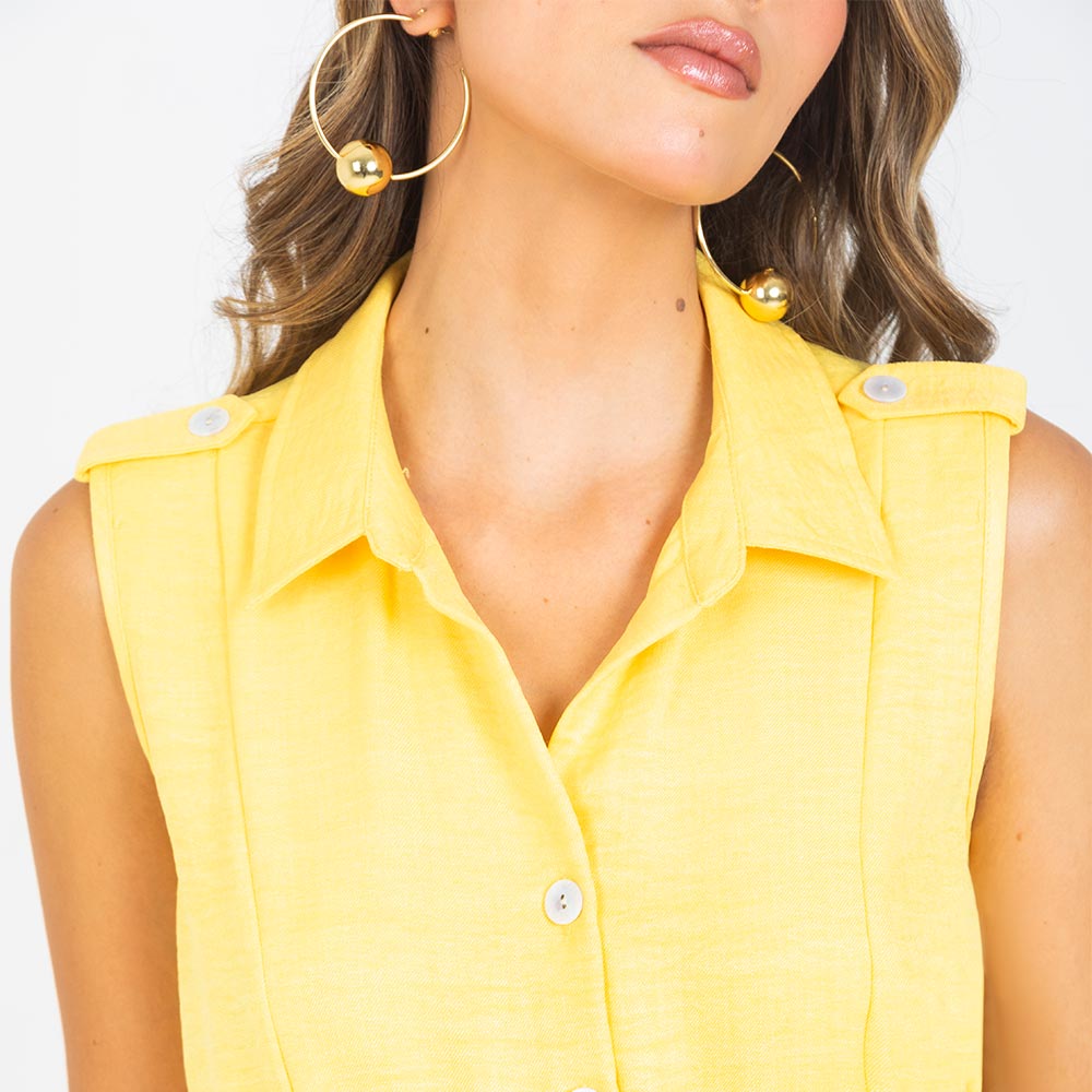 VESTIDO CAMISERO CON CINTURON EN MACRAME AMARILLO